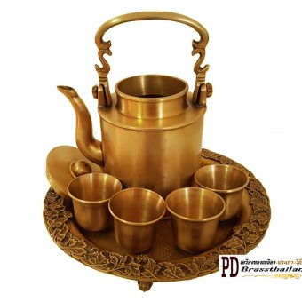 ชุดกาน้ำชาทองเหลืองโบราณถาดองุ่น
